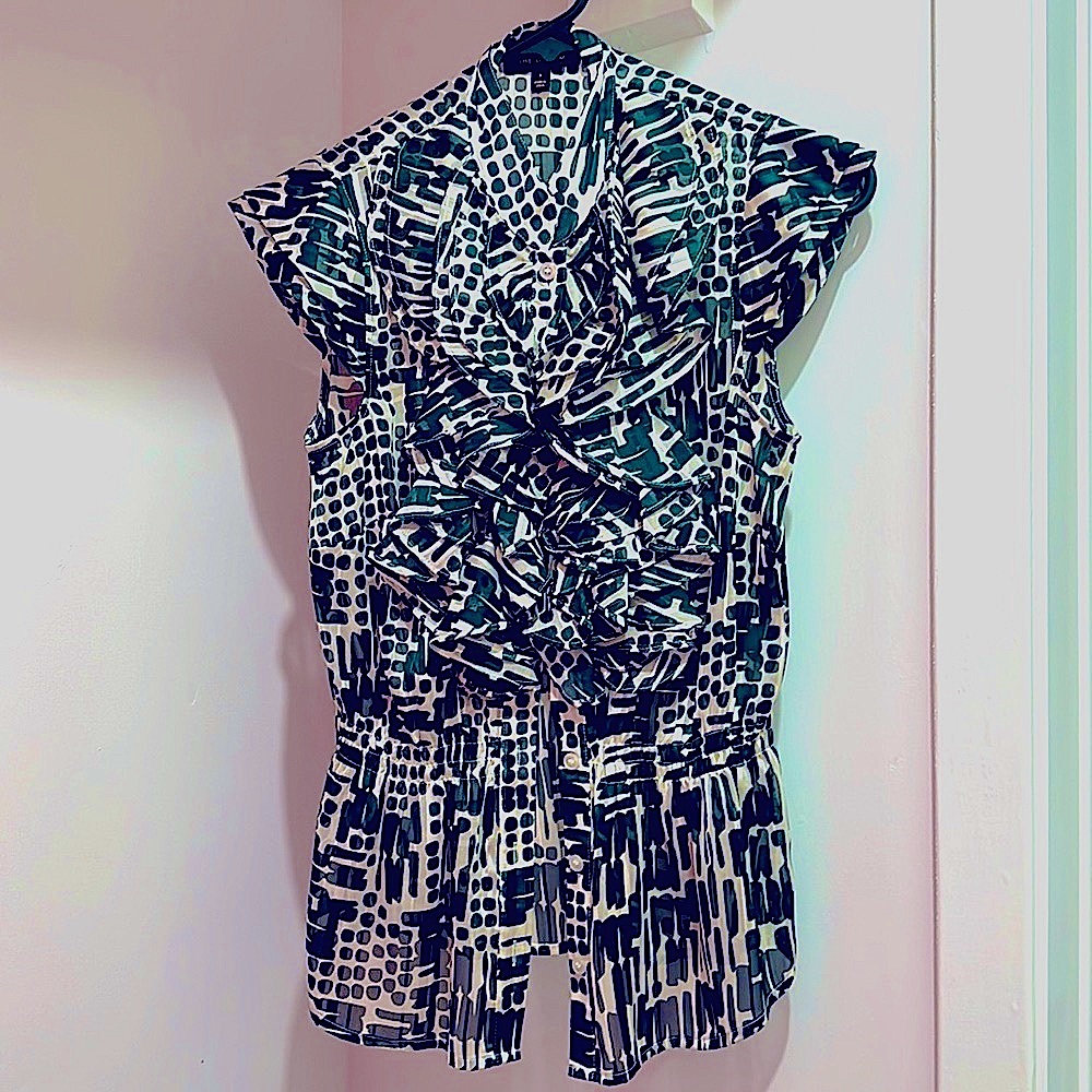 Green and white button down blouse from The Limited